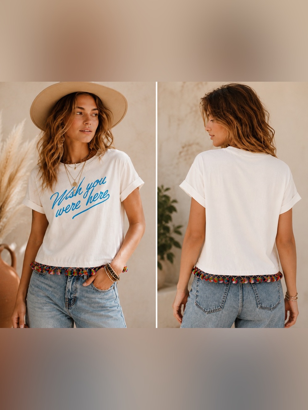ban.do White Tee with Blue Script and Multicolor Tassel Trim